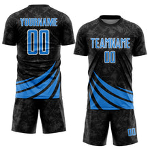 Charger l'image dans la galerie, Custom Black Powder Blue-White Distressed Diagonal Stripes Wind Shapes Sports Sublimation Soccer Uniform Jersey
