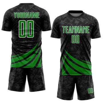 Custom Black Grass Green-White Distressed Diagonal Stripes Wind Shapes Sports Sublimation Soccer Uniform Jersey