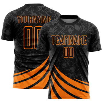 Custom Black Bay Orange Distressed Diagonal Stripes Wind Shapes Sports Sublimation Soccer Uniform Jersey