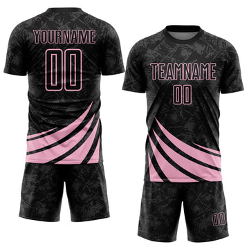 Custom Black Light Pink Distressed Diagonal Stripes Wind Shapes Sports Sublimation Soccer Uniform Jersey