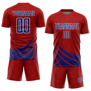 Custom Red Royal-White Distressed Diagonal Stripes Wind Shapes Sports Sublimation Soccer Uniform Jersey
