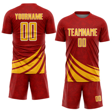 Custom Red Gold-White Distressed Diagonal Stripes Wind Shapes Sports Sublimation Soccer Uniform Jersey