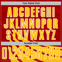 Load image into Gallery viewer, Custom Red Gold-White Distressed Diagonal Stripes Wind Shapes Sports Sublimation Soccer Uniform Jersey
