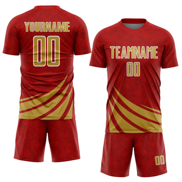 Custom Red Old Gold-White Distressed Diagonal Stripes Wind Shapes Sports Sublimation Soccer Uniform Jersey