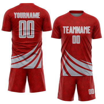 Custom Red Gray-White Distressed Diagonal Stripes Wind Shapes Sports Sublimation Soccer Uniform Jersey