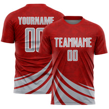 Загрузить изображение в средство просмотра галереи, Custom Red Gray-White Distressed Diagonal Stripes Wind Shapes Sports Sublimation Soccer Uniform Jersey
