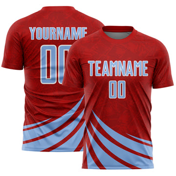 Custom Red Light Blue-White Distressed Diagonal Stripes Wind Shapes Sports Sublimation Soccer Uniform Jersey