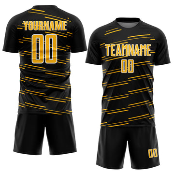 Custom Black Gold-White Diagonal Pinstripes Lines Sports Sublimation Soccer Uniform Jersey