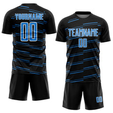 Charger l'image dans la galerie, Custom Black Powder Blue-White Diagonal Pinstripes Lines Sports Sublimation Soccer Uniform Jersey
