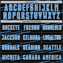 Charger l'image dans la galerie, Custom Black Powder Blue-White Diagonal Pinstripes Lines Sports Sublimation Soccer Uniform Jersey
