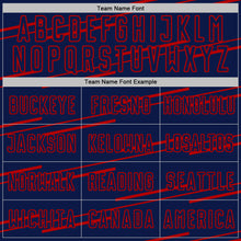 Laden Sie das Bild in den Galerie-Viewer, Custom Navy Red Diagonal Pinstripes Lines Sports Sublimation Soccer Uniform Jersey
