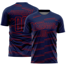 Laden Sie das Bild in den Galerie-Viewer, Custom Navy Red Diagonal Pinstripes Lines Sports Sublimation Soccer Uniform Jersey
