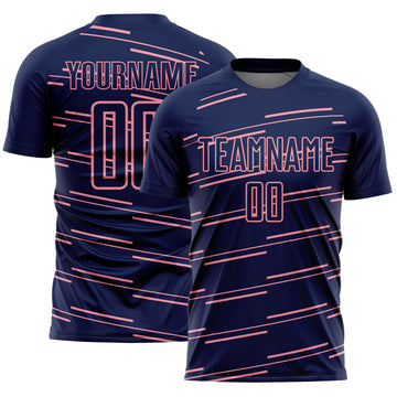 Custom Navy Medium Pink Diagonal Pinstripes Lines Sports Sublimation Soccer Uniform Jersey