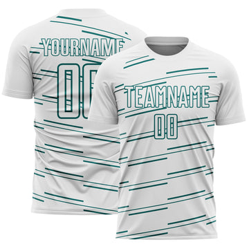 Custom White Teal Diagonal Pinstripes Lines Sports Sublimation Soccer Uniform Jersey