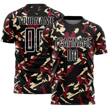 Custom Black White Crimson-Cream Geometric Camo Fragment Sports Sublimation Soccer Uniform Jersey