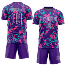 Charger l'image dans la galerie, Custom Purple White Pink-Aqua Geometric Camo Fragment Sports Sublimation Soccer Uniform Jersey
