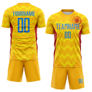 Custom Gold Powder Blue Red-Light Yellow Colombia Zigzag Pattern Sublimation Soccer Uniform Jersey