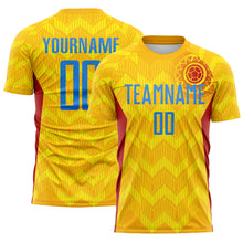 Charger l'image dans la galerie, Custom Gold Powder Blue Red-Light Yellow Colombia Zigzag Pattern Sublimation Soccer Uniform Jersey
