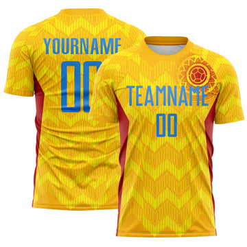 Custom Gold Powder Blue Red-Light Yellow Colombia Zigzag Pattern Sublimation Soccer Uniform Jersey