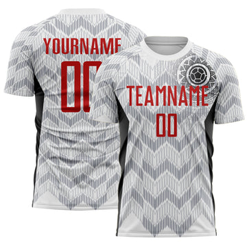 Custom White Red Gray-Black Colombia Zigzag Pattern Sublimation Soccer Uniform Jersey