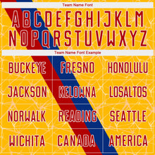 Load image into Gallery viewer, Custom Gold Red Blue-White Colombia Network Pattern Diagonal Stripe Sublimation Soccer Uniform Jersey
