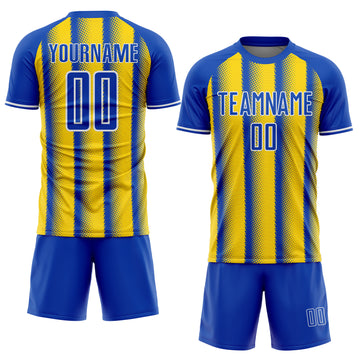 Custom Thunder Blue Light Yellow-White Colombia Vertical Stripes Halftone Dot Pattern Sublimation Soccer Uniform Jersey