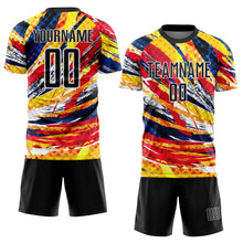 Load image into Gallery viewer, Custom Graffiti Pattern Black Yellow Blue-Red Colombia Brush Stroke Halftone Dot Pattern Sublimation Soccer Uniform Jersey
