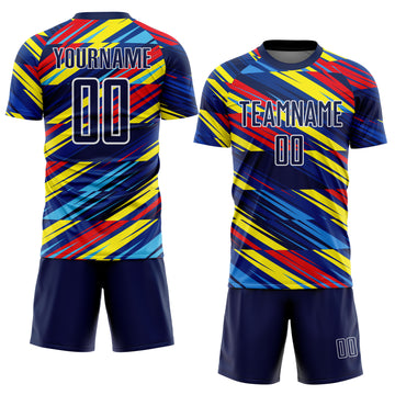 Custom Royal Navy Yellow Blue-Red Colombia Diagonal Stripes Sublimation Soccer Uniform Jersey