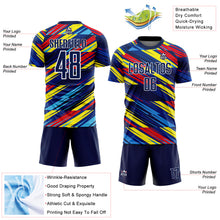 Load image into Gallery viewer, Custom Royal Navy Yellow Blue-Red Colombia Diagonal Stripes Sublimation Soccer Uniform Jersey
