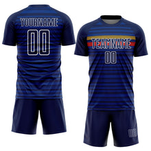 Laden Sie das Bild in den Galerie-Viewer, Custom Royal Navy Yellow-Red Colombia Horizontal Stripes Geometric Aztec Tribal Pattern Sublimation Soccer Uniform Jersey
