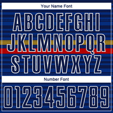 Laden Sie das Bild in den Galerie-Viewer, Custom Royal Navy Yellow-Red Colombia Horizontal Stripes Geometric Aztec Tribal Pattern Sublimation Soccer Uniform Jersey

