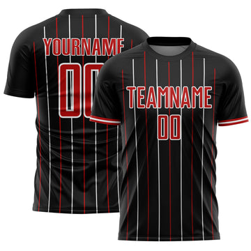 Custom Black Red-White France Vertical Pinstripe Sublimation Soccer Uniform Jersey