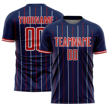 Custom Navy Red-White France Vertical Pinstripe Sublimation Soccer Uniform Jersey