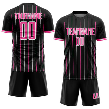 Custom Black Pink-White France Vertical Pinstripe Sublimation Soccer Uniform Jersey