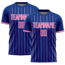 Laden Sie das Bild in den Galerie-Viewer, Custom Royal Pink-White France Vertical Pinstripe Sublimation Soccer Uniform Jersey
