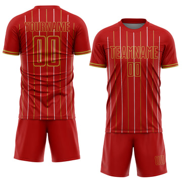 Custom Red Old Gold-White France Vertical Pinstripe Sublimation Soccer Uniform Jersey
