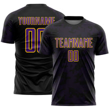 Laden Sie das Bild in den Galerie-Viewer, Custom Black Purple-Yellow Curve Lines Sublimation Soccer Uniform Jersey
