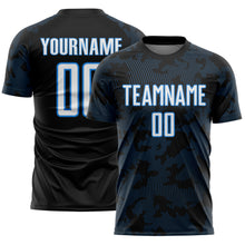 Laden Sie das Bild in den Galerie-Viewer, Custom Black White-Powder Blue Curve Lines Sublimation Soccer Uniform Jersey
