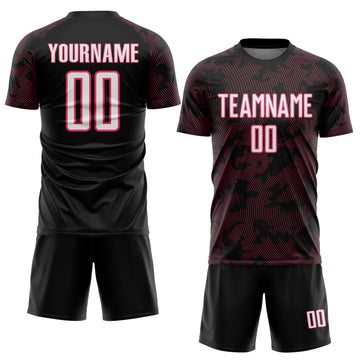Custom Black White-Neon Pink Curve Lines Sublimation Soccer Uniform Jersey