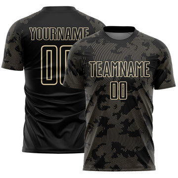 Custom Black-Cream Curve Lines Sublimation Soccer Uniform Jersey