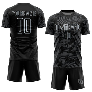 Custom Black-Silver Curve Lines Sublimation Soccer Uniform Jersey