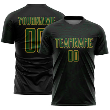 Custom Black Green-Old Gold Curve Lines Sublimation Soccer Uniform Jersey
