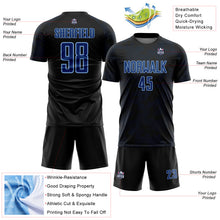 Load image into Gallery viewer, Custom Black US Navy Blue-Light Blue Curve Lines Sublimation Soccer Uniform Jersey
