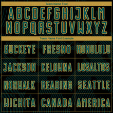 Load image into Gallery viewer, Custom Black Midnight Green-Old Gold Curve Lines Sublimation Soccer Uniform Jersey
