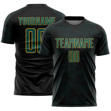 Load image into Gallery viewer, Custom Black Midnight Green-Old Gold Curve Lines Sublimation Soccer Uniform Jersey
