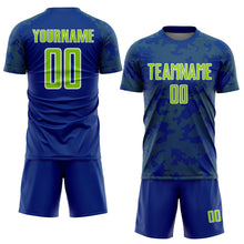 Laden Sie das Bild in den Galerie-Viewer, Custom Royal Neon Green-White Curve Lines Sublimation Soccer Uniform Jersey
