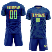Load image into Gallery viewer, Custom Royal Pea Green-Orange Curve Lines Sublimation Soccer Uniform Jersey
