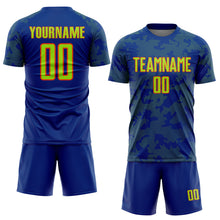 Load image into Gallery viewer, Custom Royal Neon Green-Orange Curve Lines Sublimation Soccer Uniform Jersey
