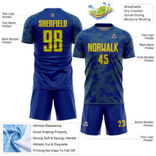 Load image into Gallery viewer, Custom Royal Neon Green-Orange Curve Lines Sublimation Soccer Uniform Jersey
