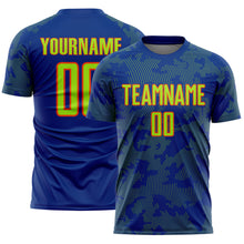 Load image into Gallery viewer, Custom Royal Neon Green-Orange Curve Lines Sublimation Soccer Uniform Jersey

